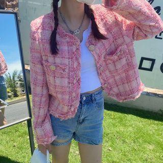 Long-sleeve Plaid Frayed Tweed Cardigan