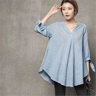 Open-placket Tie-sleeve A-line Blouse