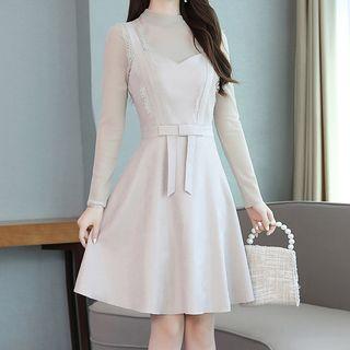 Set: Mock-turtleneck Long-sleeve Top + Lace Trim Midi A-line Pinafore Dress