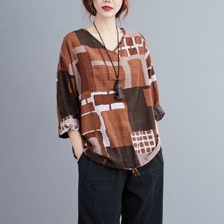 Patterned 3/4-sleeve Blouse As Shown In Figure - One Size
