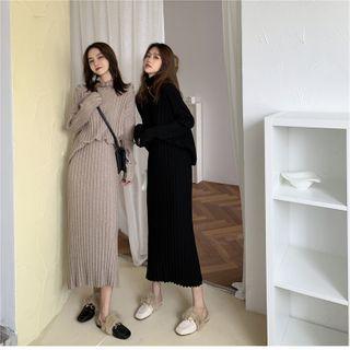 Mock-neck Long-sleeve Knitted Top + Knitted Pleated Long Skirt