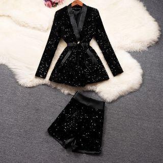 Set: Faux Leather Trim Sequined Blazer + Shorts