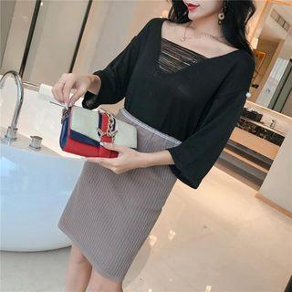 Set: V-neck 3/4-sleeve Top + High Waist Knitted Skirt