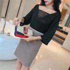 Set: V-neck 3/4-sleeve Top + High Waist Knitted Skirt