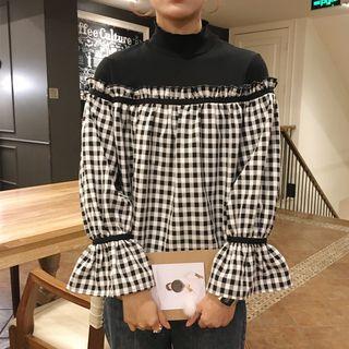 Loose-fit Turtleneck Check Mock-two Top
