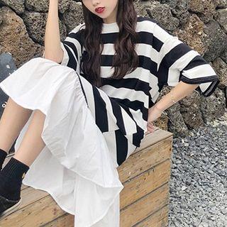 Ruffle Hem Color Block Elbow-sleeve Dress