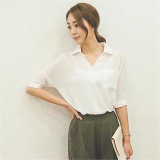 Open-placket Elbow-sleeve Blouse