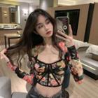 Long-sleeve Square-neck Floral Crop Top Black & Pink & Yellow - One Size