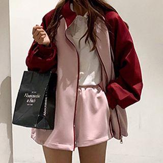 Set: Two-tone Zip Jacket + Shorts Pink - One Size