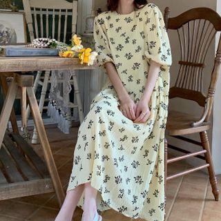 Puff-sleeve Flower Print Midi A-line Dress Black Floral - White - One Size
