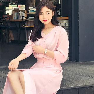 V-neck Smocked-waist Shirtdress