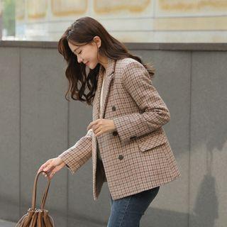 Double-breasted Wool Blend Checked Blazer