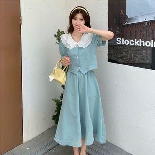 Set: Short-sleeve Contrast Collar Cropped Blouse + Midi A-line Skirt