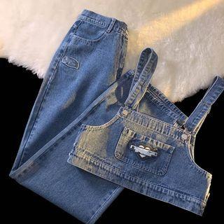 Set: Denim Crop Tank Top + High Waist Straight Leg Jeans