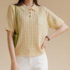 Collared Pocket-front Cable-knit Top