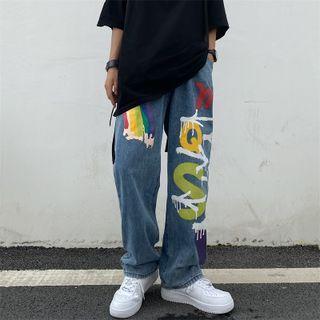 Letter Rainbow Print Straight Cut Jeans
