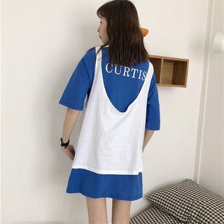 Set: Lettering Elbow-sleeve T-shirt Dress + Tank Top