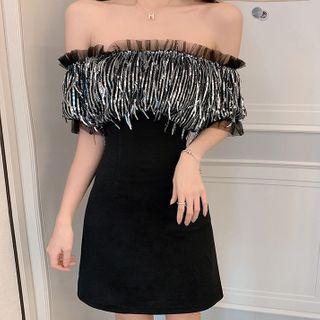 Off-shoulder Sequin Fringe A-line Dress