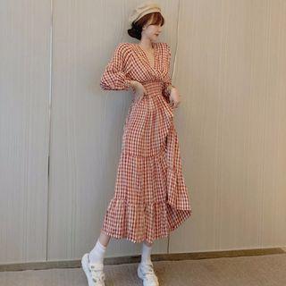 Checked V-neck Long-sleeve Midi A-line Dress
