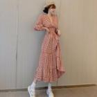 Checked V-neck Long-sleeve Midi A-line Dress