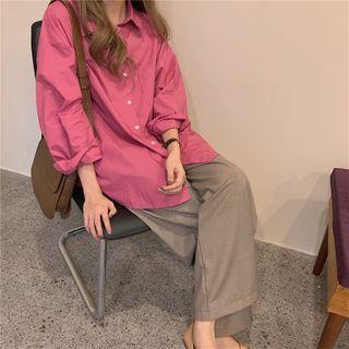 Plain Long-sleeve Loose-fit Shirt Rose Pink - One Size