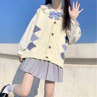 Long-sleeve Shirt / Buttoned Knit Vest / A-line Mini Skirt