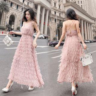 Feathered Chiffon Spaghetti Strap Maxi Dress