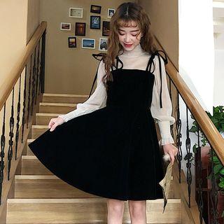 Set: Mock Neck Long-sleeve Top + Strappy A-line Dress