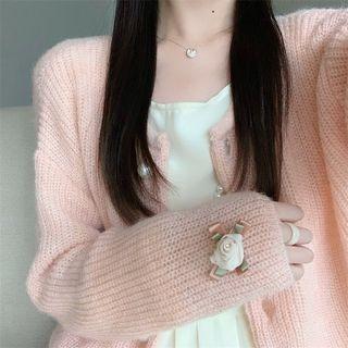 Long-sleeve Ruffled Midi A-line Dress / Faux Pearl Button Jacket