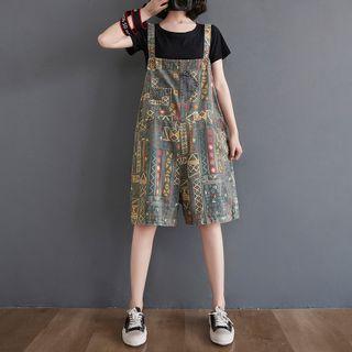 Print Wide-leg Denim Jumper Shorts