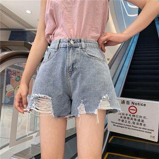 Plain High-waist Loose-fit Washed Ripped Denim Shorts