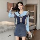 Long-sleeve Blouse / Argyle Knit Vest / Mini A-line Skirt