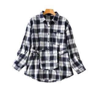 Long-sleeve Drawstring Plaid Shirt 1236 - Navy Blue & White - One Size
