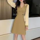 Long-sleeve Panel V-neck Mini A-line Dress