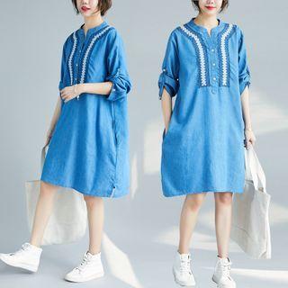 Long-sleeve Embroidered Trim A-line Denim Dress