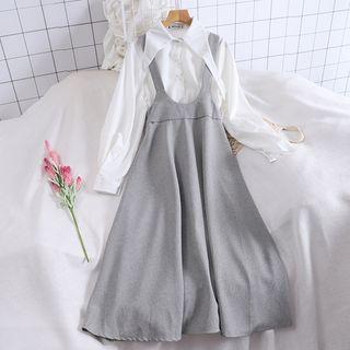 Set Of 2: Collared Long-sleeve Blouse + Sleeveless Midi Dress