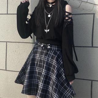 Lace-up Long Sleeve Cat Ear Hooded Top / Plaid A-line Skirt