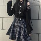 Lace-up Long Sleeve Cat Ear Hooded Top / Plaid A-line Skirt