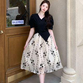Short-sleeve Asymmetrical Top / Print Midi A-line Skirt