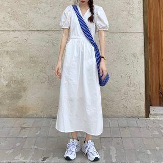 Puff-sleeve V-neck Midi A-line Dress White - One Size