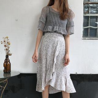 Floral Print A-line Ruffle Skirt