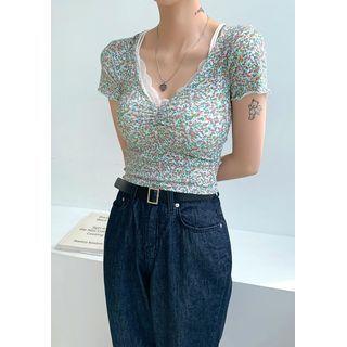 Plunge-neck Fitted Floral Top