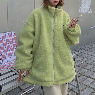 Fleece Lettering Embroidered Stand-collar Long-sleeve Jacket