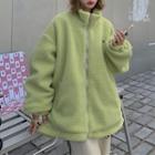 Fleece Lettering Embroidered Stand-collar Long-sleeve Jacket