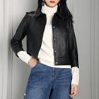 Faux Leather 3/4-sleeve Button Jacket