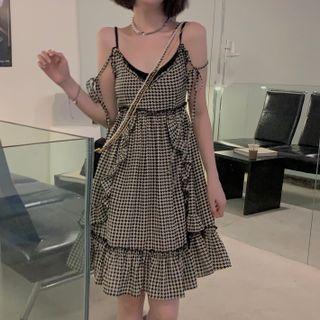 Plaid V-neck Spaghetti-strap Dress