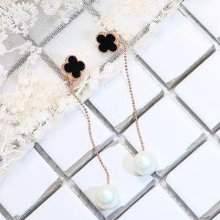 925 Sterling Silver Clover & Faux Pearl Dangle Earring