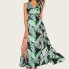 Leaf Print Sleeveless Maxi A-line Dress