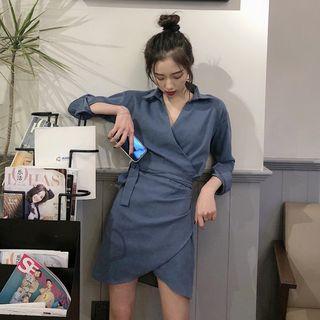 Long-sleeve Mini Shirtdress Blue - One Size