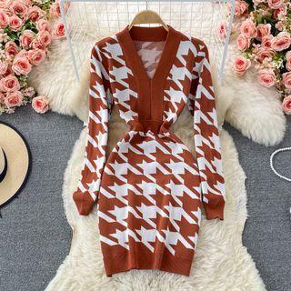 V-neck Houndstooth Knit Dress